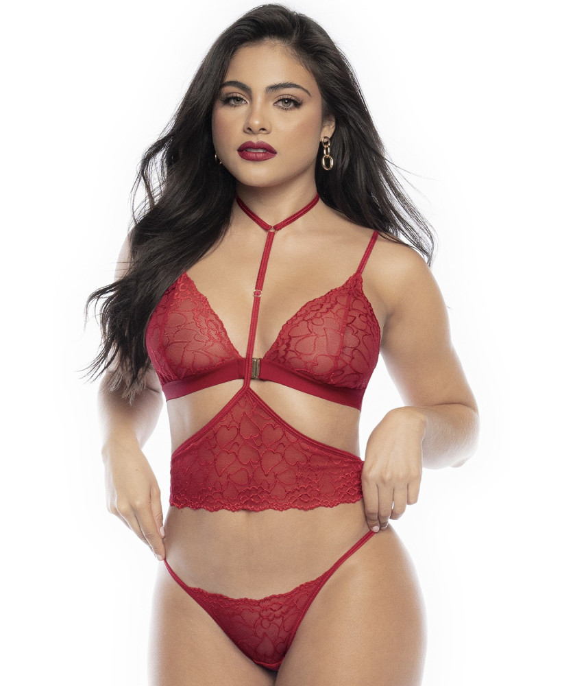 Ensemble lingerie trois pièces en dentelle rouge imprimée de cœurs 